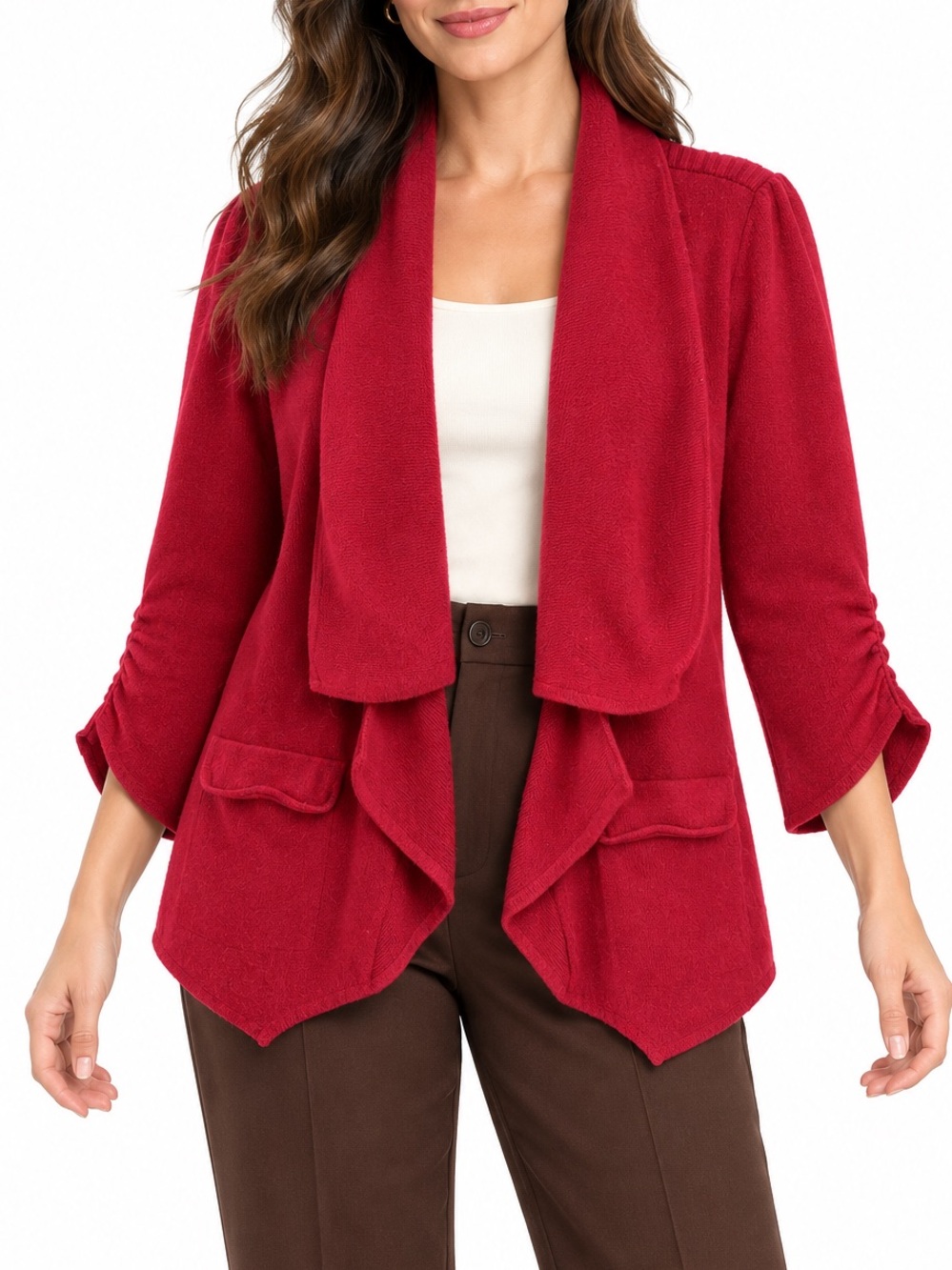 Chelsea & Theodore 100% Cashmere Red Waterfall Cardigan Blazer Quiet Luxury Sz L